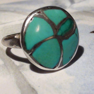 Mosaic Zuni with Turquoise and sterling Ring ARTISAN ROUND ART